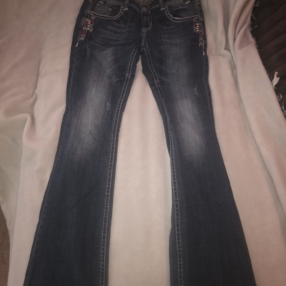 Dark Wash Bootcut Jeans with Embroidered Detail - Blue Size 31x36 Long